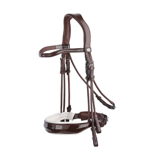 Brown double bridle with patent leather and white padding