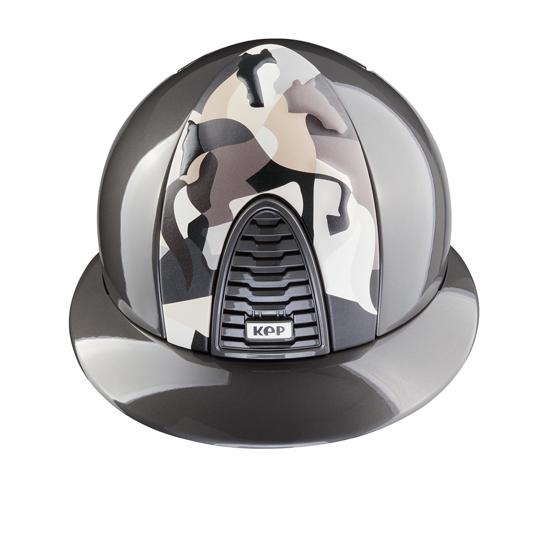 Shiny Grey horse riding helmet with wide peak