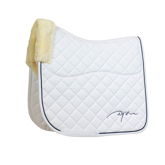 White dressage saddle blanket with sheepskin
