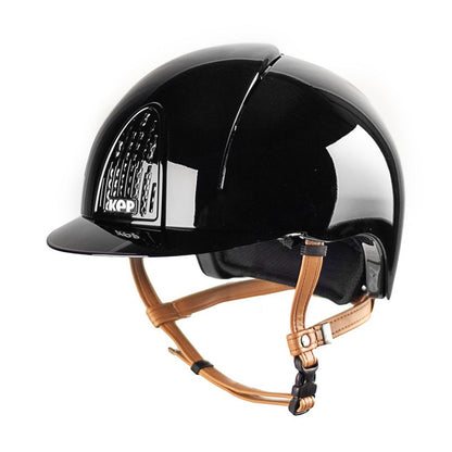 Shiny Black horse riding helmet with beige strap