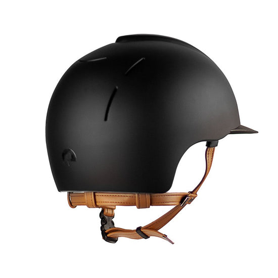 riding helmet with beige chin strap