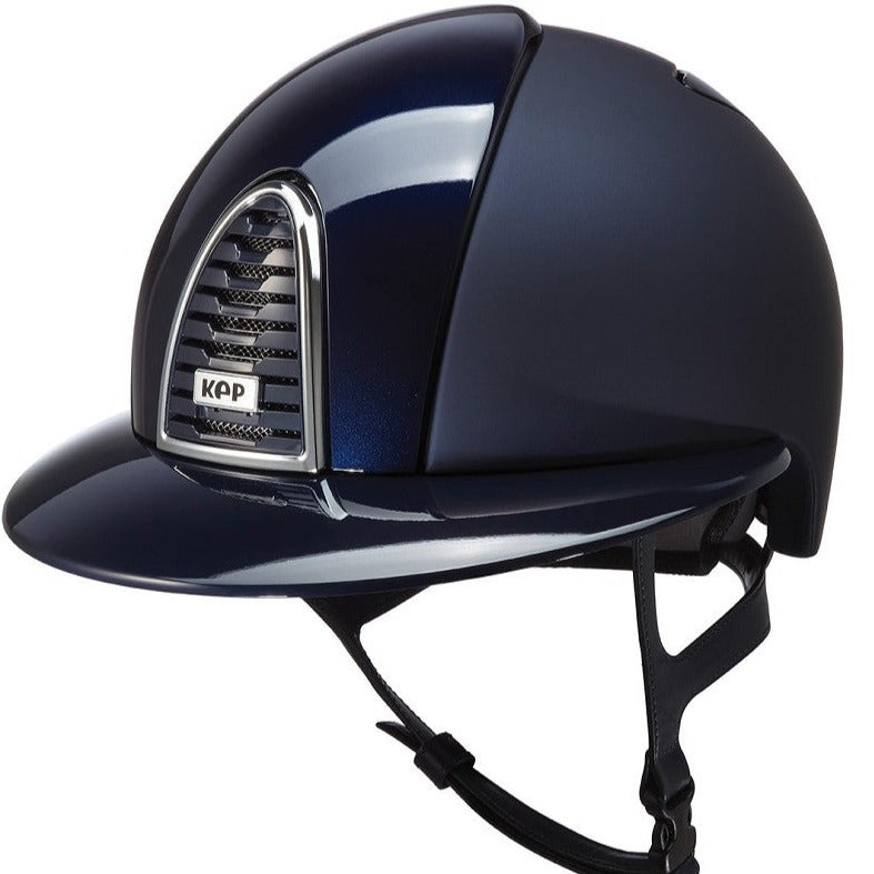 Navy horse riding helmet with wide peak