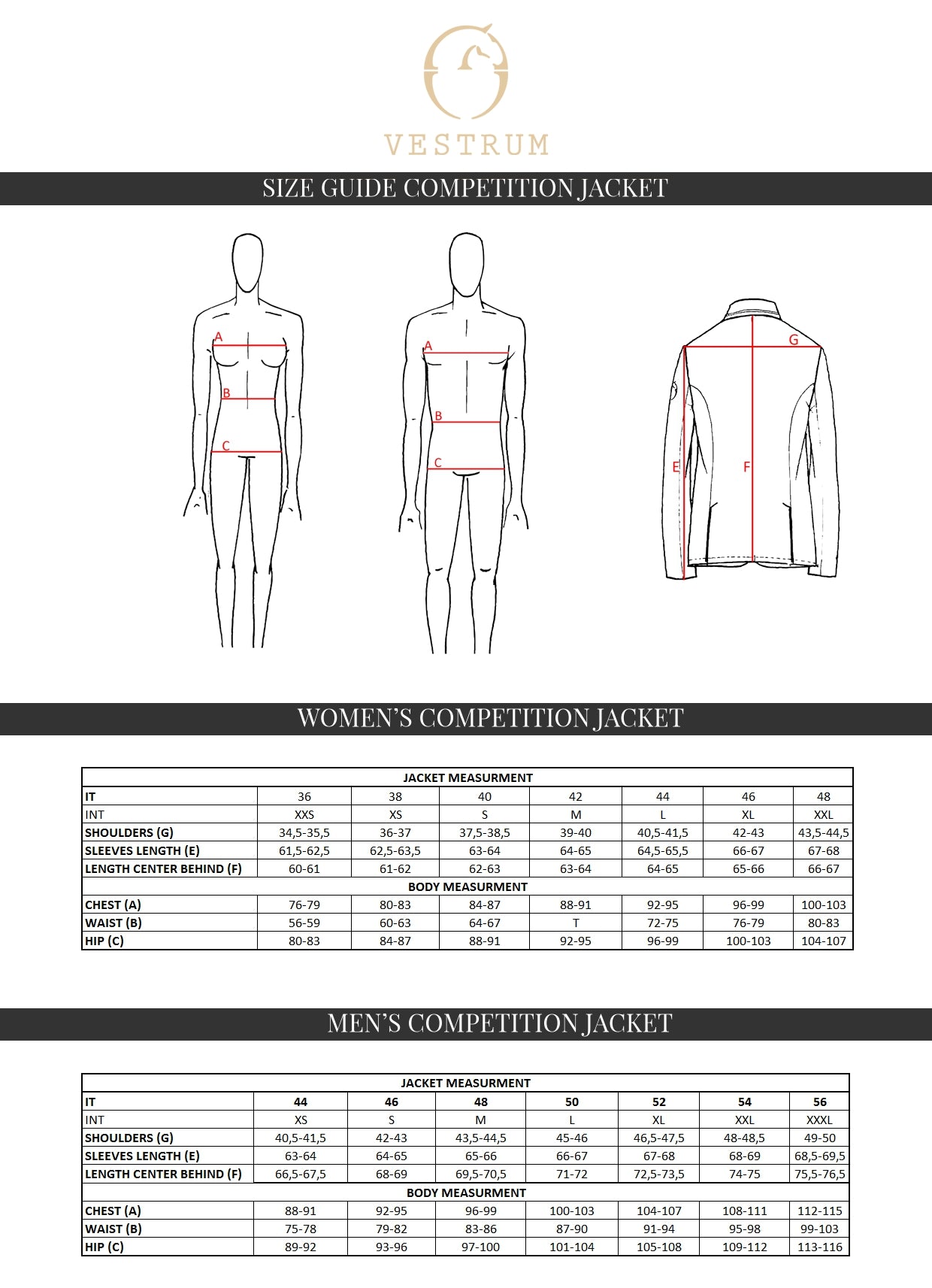 Vestrum competition jacket size chart